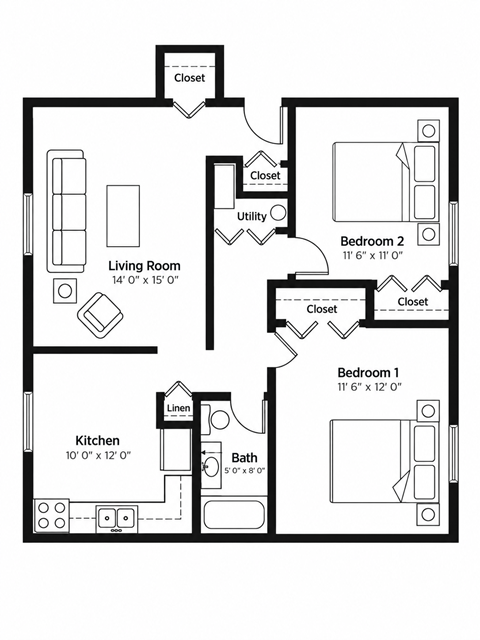 Floor plan for 2 beds, 1 bath
